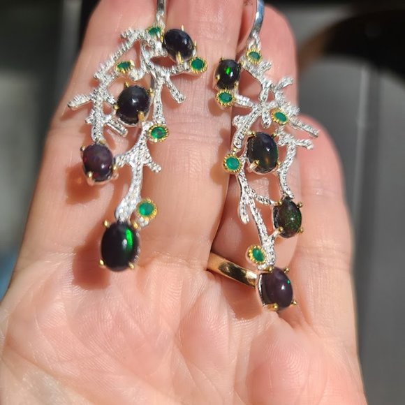 Black Opal & Crome diopside sterling & gold coral chandelier earrings - Picture 9 of 11